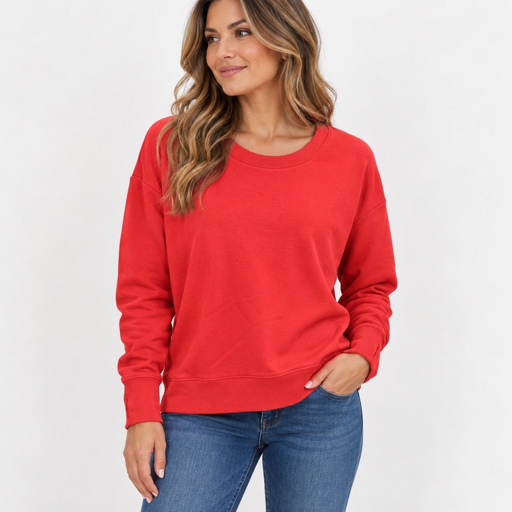 Athleta Coaster Luxe Sweatshirt Coral Red Thumbhole Pullover Women Large